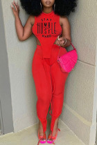 Red Fashion Casual Print Asymmetrical Half A Turtleneck Sleeveless Two Pieces