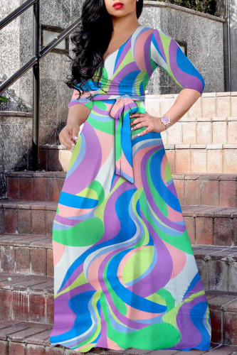 Blue Fashion Casual Print Bandage V Neck Long Dress