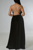 Black Elegant Solid Patchwork Backless Fold Straight Jumpsuits