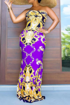 Purple Sexy Print Patchwork Strapless Pencil Skirt Plus Size Dresses