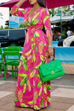 Green Fashion Casual Print Bandage V Neck Long Dress