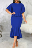 Blue Elegant Solid Patchwork Flounce O Neck Irregular Dress Dresses