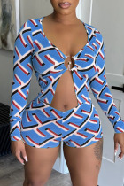 Blue Fashion Sexy Casual Print Patchwork V Neck Long Sleeve Two Pieces