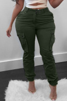 Army Green Fashion Casual Solid Patchwork Regular High Waist Conventional Solid Color Bottoms