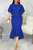 Blue Elegant Solid Split Joint Flounce O Neck Irregular Dress Dresses