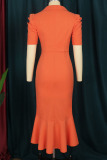 Tangerine Casual Elegant Solid Patchwork Buttons Flounce Asymmetrical Turn-back Collar Straight Dresses