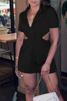 Black Sexy Solid Hollowed Out Patchwork Buttons Turn-back Collar Short Sleeve Two Pieces