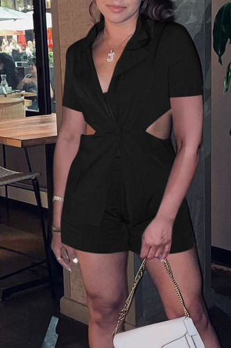 Black Sexy Solid Hollowed Out Patchwork Buttons Turn-back Collar Short Sleeve Two Pieces