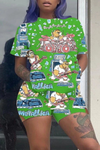 Green Street Print Patchwork O Neck Short Sleeve Two Pieces