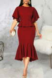 Burgundy Elegant Solid Patchwork Flounce O Neck Irregular Dress Dresses