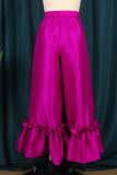 Rose Red Fashion Casual Patchwork Flounce Straight High Waist Wide Leg Solid Color Bottoms