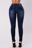 Light Blue Fashion Casual Solid Tassel Patchwork Mid Waist Skinny Denim Jeans