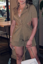 Dark Khaki Sexy Solid Hollowed Out Patchwork Buttons Turn-back Collar Short Sleeve Two Pieces