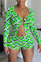 Green Fashion Sexy Casual Print Patchwork V Neck Long Sleeve Two Pieces