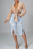 Light Blue Fashion Casual Solid Tassel Ripped High Waist Jeans