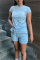Blue Fashion Casual Letter Print Basic O Neck Short Sleeve Two Pieces