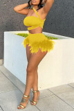 Yellow Sexy Solid Patchwork Feathers Spaghetti Strap Sleeveless Two Pieces