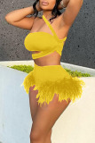 Yellow Sexy Solid Patchwork Feathers Spaghetti Strap Sleeveless Two Pieces