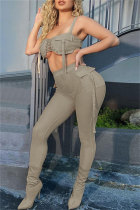 Khaki Fashion Sexy Solid Patchwork See-through Backless Spaghetti Strap Sleeveless Two Pieces