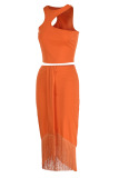 Tangerine Sexy Solid Tassel Patchwork Asymmetrical O Neck Sleeveless Two Pieces