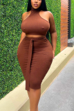 Brown Sexy Casual Solid Basic V Neck Sleeveless Two Pieces