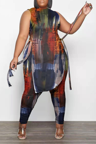 Red Fashion Print Draw String O Neck Plus Size Two Pieces