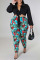 Black Casual Print Bandage Patchwork Turndown Collar Plus Size Two Pieces