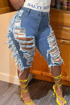 The cowboy blue Sexy Street Solid Ripped Hollowed Out Make Old Split Joint High Waist Denim Shorts