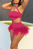 Rose Red Sexy Solid Patchwork Feathers Spaghetti Strap Sleeveless Two Pieces