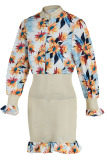 Khaki Fashion Casual Print Patchwork Buckle Flounce Fold Stringy Selvedge Mandarin Collar Dresses