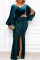 Ink Green Fashion Sexy Plus Size Patchwork Sequins Slit V Neck Evening Dress