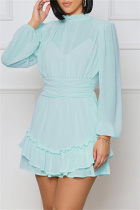 Blue Sexy Casual Solid Patchwork See-through Half A Turtleneck Long Sleeve Dresses
