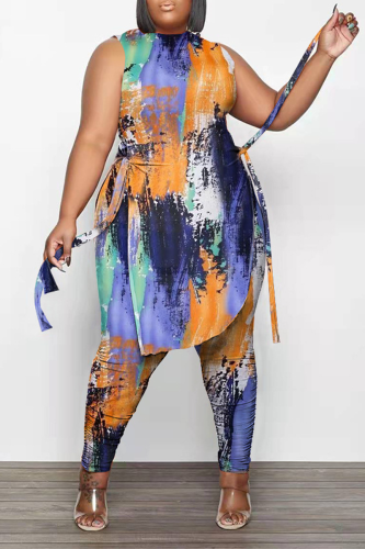 Yellow Fashion Print Draw String O Neck Plus Size Two Pieces