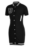 Black Casual Solid Embroidered Patchwork Buckle Straight Dresses