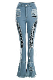 Black Sexy Street Solid Ripped Make Old Patchwork High Waist Boot Cut Denim Jeans