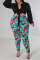 Black Casual Print Bandage Patchwork Turndown Collar Plus Size Two Pieces