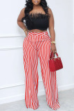 Red Casual Striped Print Patchwork Straight High Waist Wide Leg Full Print Bottoms