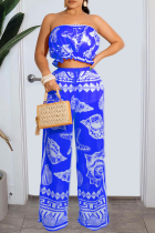 Blue Fashion Print Patchwork Strapless Sleeveless Two Pieces