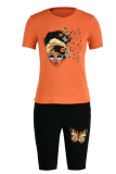 Tangerine Red Casual Butterfly Print Patchwork O Neck Short Sleeve Two Pieces