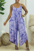 White Purple Fashion Casual Print Tie Dye Backless Spaghetti Strap Regular Jumpsuits
