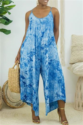 White Blue Fashion Casual Print Tie Dye Backless Spaghetti Strap Regular Jumpsuits