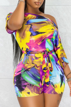 Colour Casual Print Patchwork Oblique Collar Regular Jumpsuits