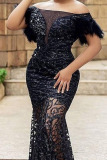 Black Sexy Solid Sequins Patchwork See-through Feathers Off the Shoulder Evening Dress Dresses
