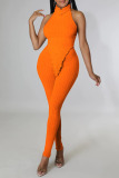 Tangerine Sexy Solid Patchwork Backless Asymmetrical Turtleneck Sleeveless Two Pieces