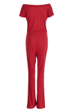 Red Casual Print Patchwork One Shoulder Boot Cut Jumpsuits