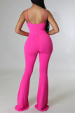Rose Red Fashion Sexy Solid Hollowed Out Backless Spaghetti Strap Skinny Jumpsuits