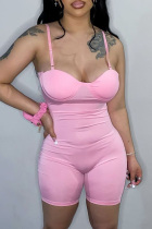 Pink Sexy Casual Solid Backless Strapless Skinny Romper
