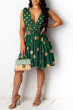 Green Fashion Sexy Dot Print Hollowed Out Backless V Neck Sleeveless Dress