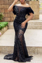 Black Sexy Solid Sequins Patchwork See-through Feathers Off the Shoulder Evening Dress Dresses