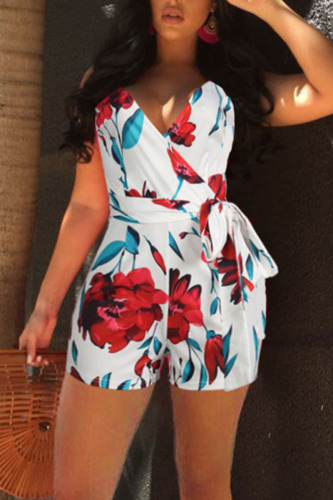 White Red Casual Print Patchwork Backless Regular Rompers